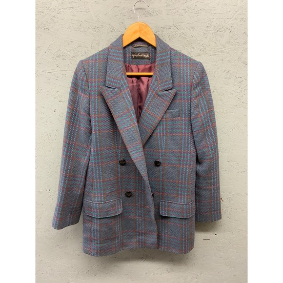 Giorgio Sant'Angelo Women's Wool Blazer Size 6 Purple Blue Plaid Double Breasted - Picture 1 of 12